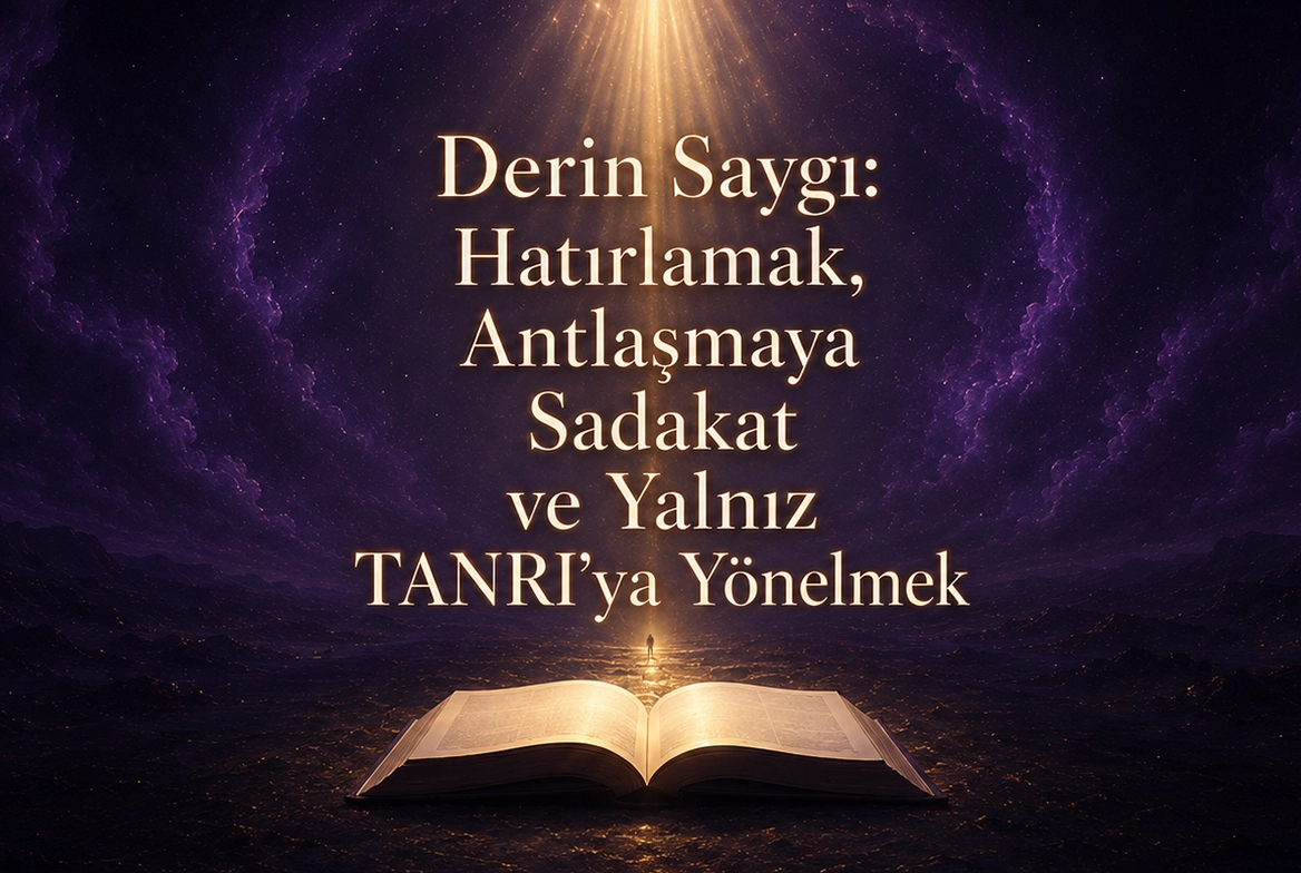 Derin Saygı başlıklı, açık bir Kuran sayfası, antlaşmayı simgeleyen sade bir ışık çizgisi ve tek merkeze yönelen insan silueti