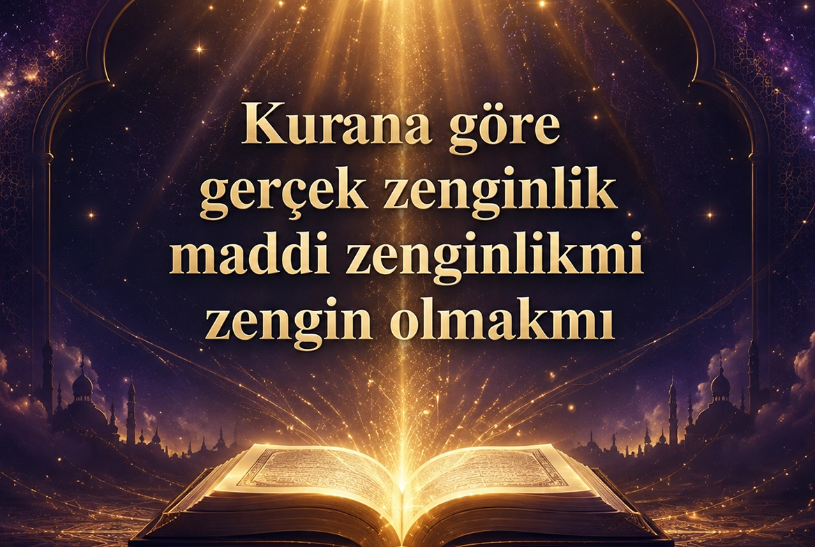 Kuran’a Göre Gerçek Zenginlik başlıklı, maddi servet ile bilgi, paylaşma, adalet ve manevi ölçü arasındaki farkı simgeleyen kapak görseli